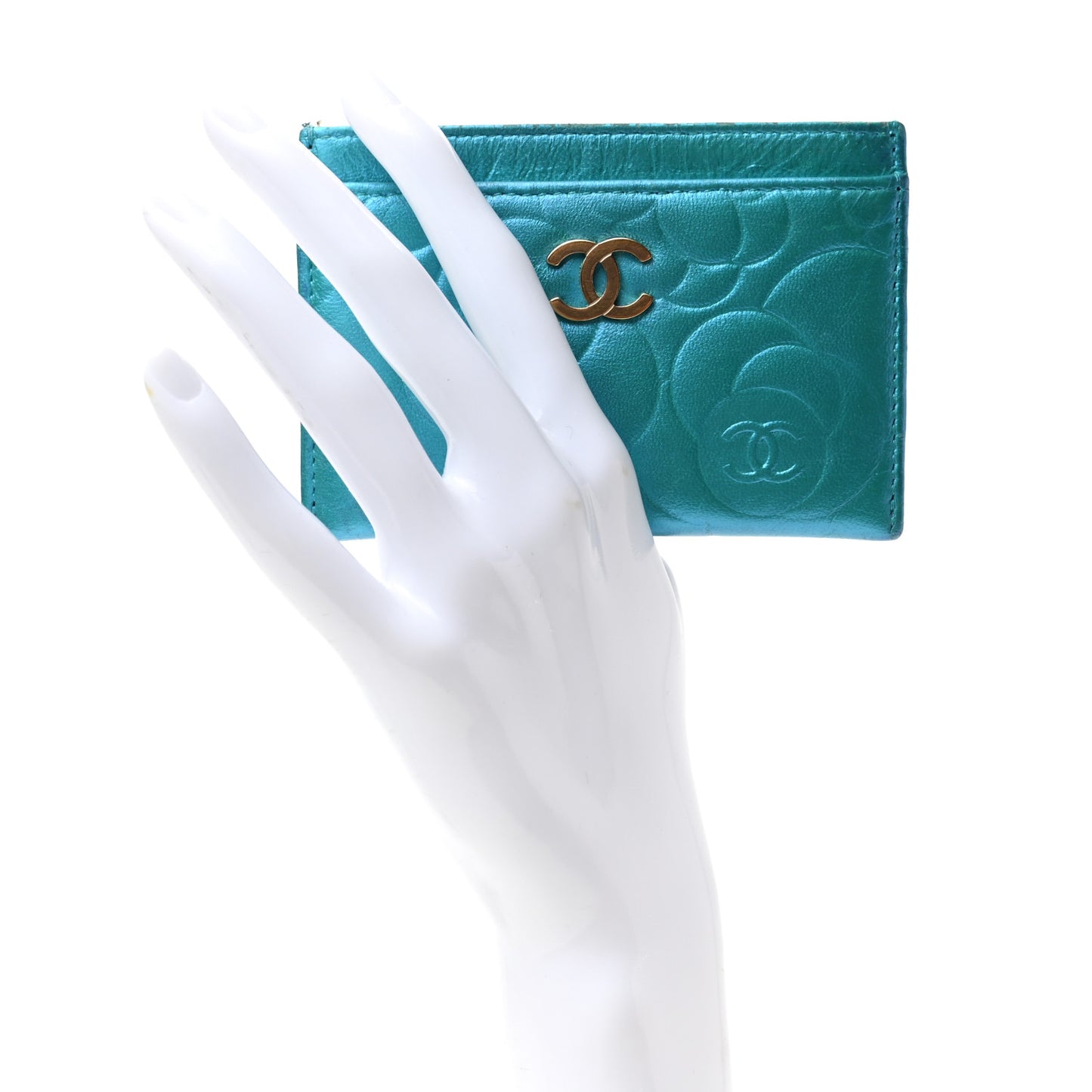 Metallic Lambskin Camellia Embossed Card Holder Turquoise