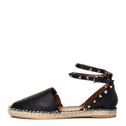 Valentino Garavani Grained Calfskin Rockstud Ankle Wrap Espadrille 20mm Flats 40 Black Light Cuir Natural 1 of 10