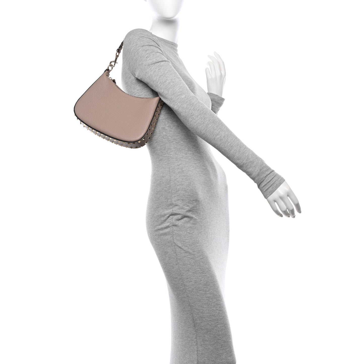 Grainy Calfskin Mini Rockstud Hobo Poudre
