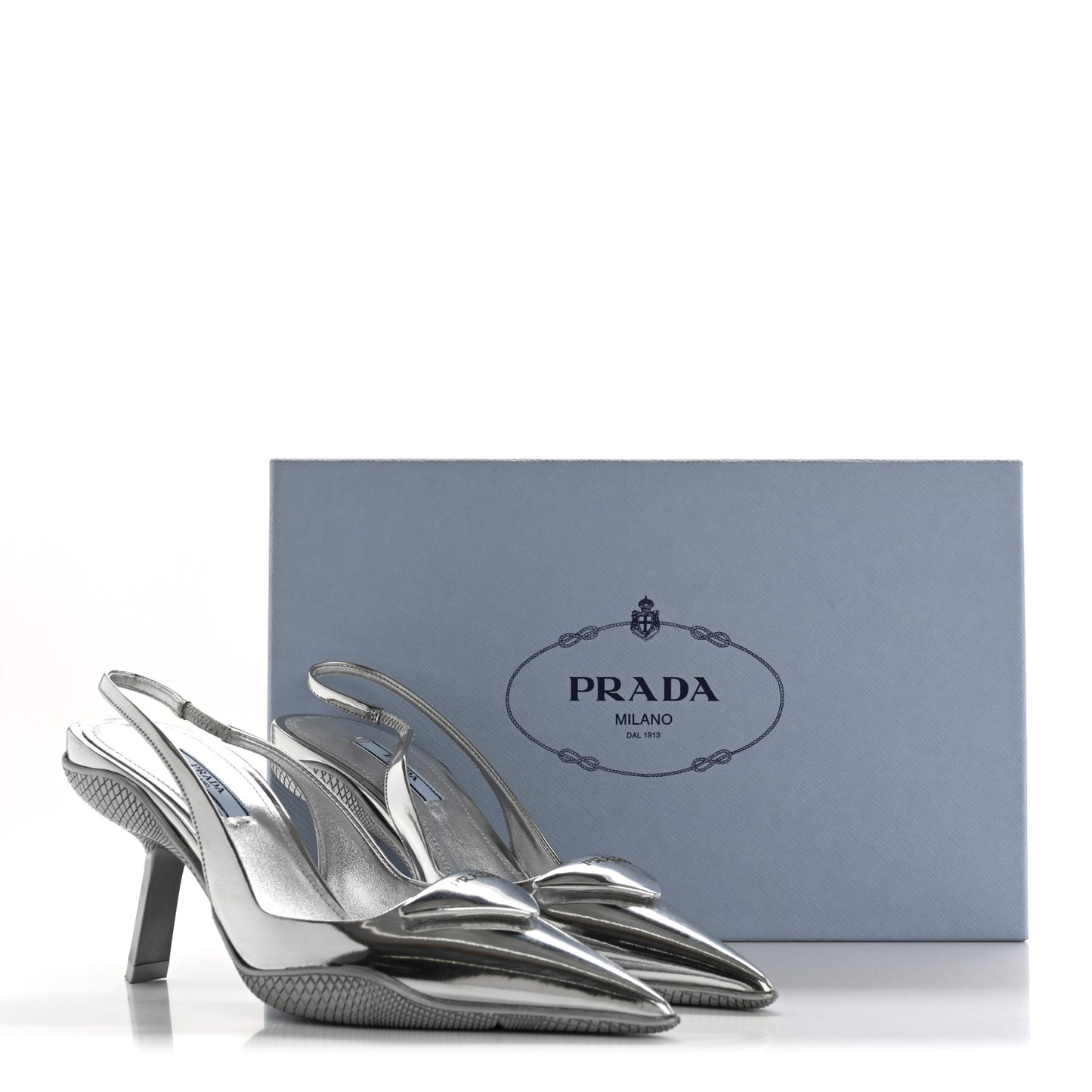 Spazzolato Triangle Logo Pointed Toe 45mm Slingback Pumps 36.5 Argento