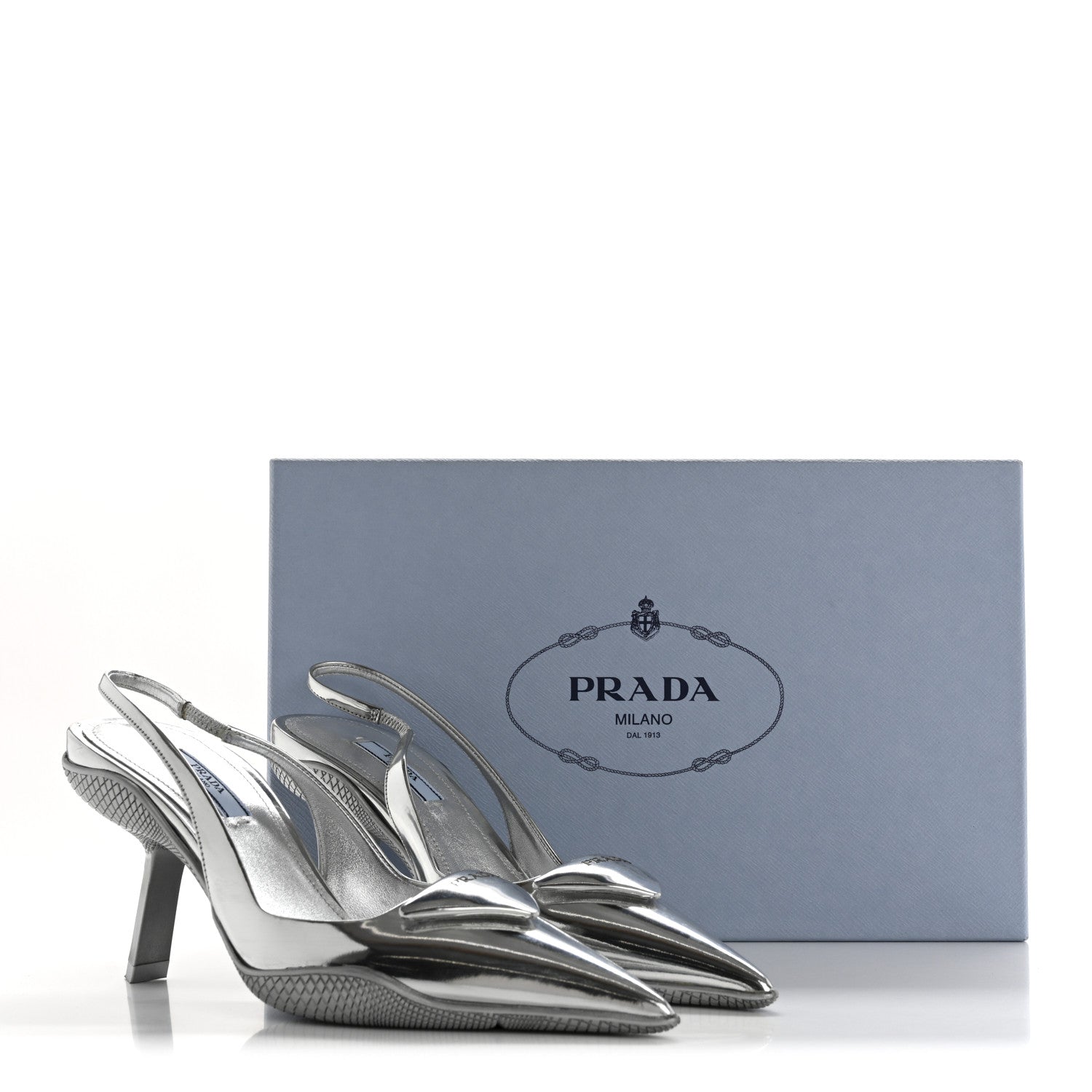 Prada Spazzolato Triangle Logo Pointed Toe 45mm Slingback Pumps 36.5 Argento 11 of 11