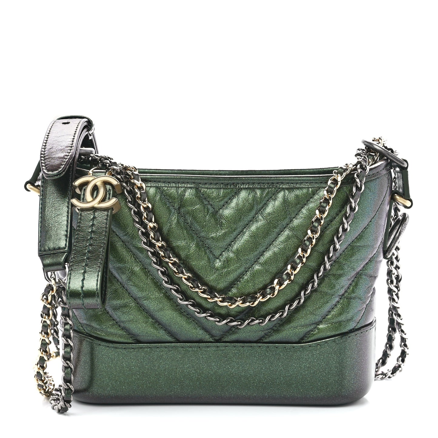 Metallic Aged Calfskin Chevron Quilted Small Gabrielle Hobo Green