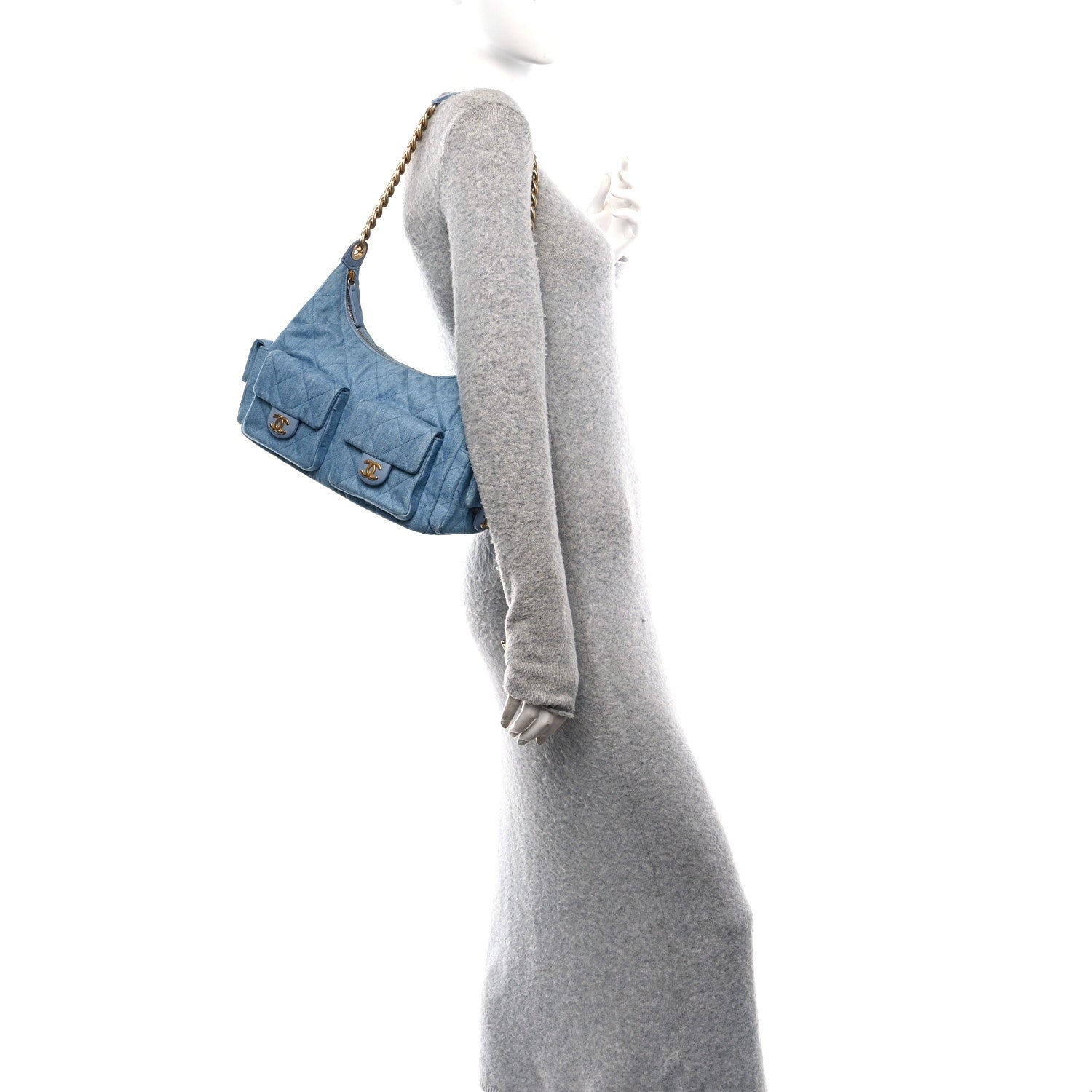 Chanel Washed Denim Quilted Large Trendy Pockets Hobo Blue 3 of 10