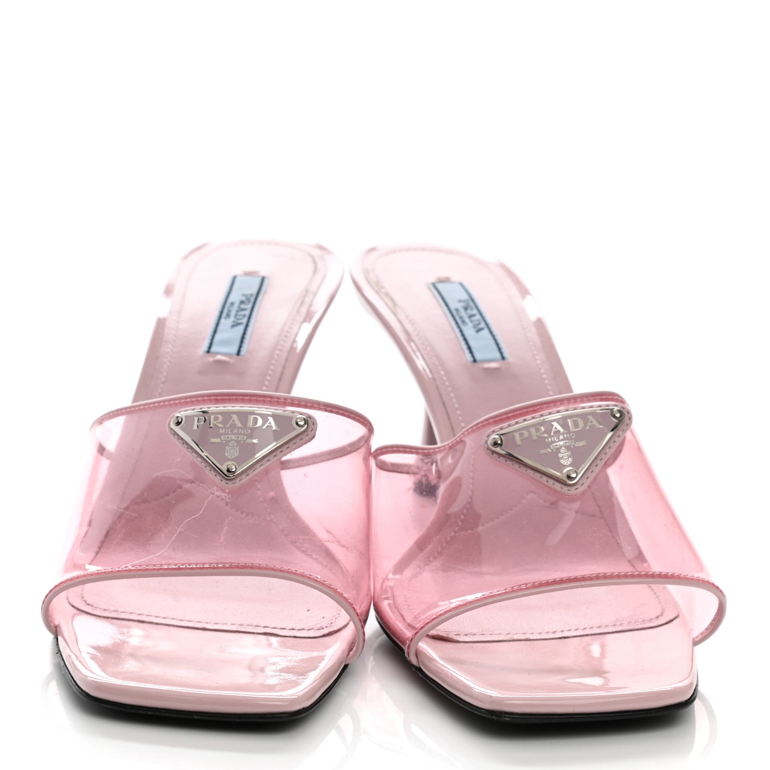 Prada Plexiglass Vernice Metal Triangle Logo 65mm Slide Sandals 39 Alabastro 2 of 8