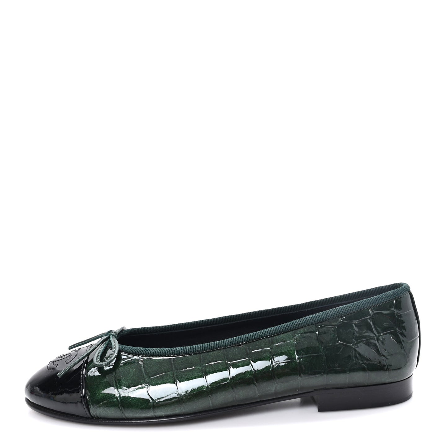 Crocodile Embossed Patent Calfskin Ballet Flats 36.5 Dark Green Black