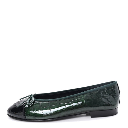 Chanel Crocodile Embossed Patent Calfskin Ballet Flats 36.5 Dark Green Black 1 of 10