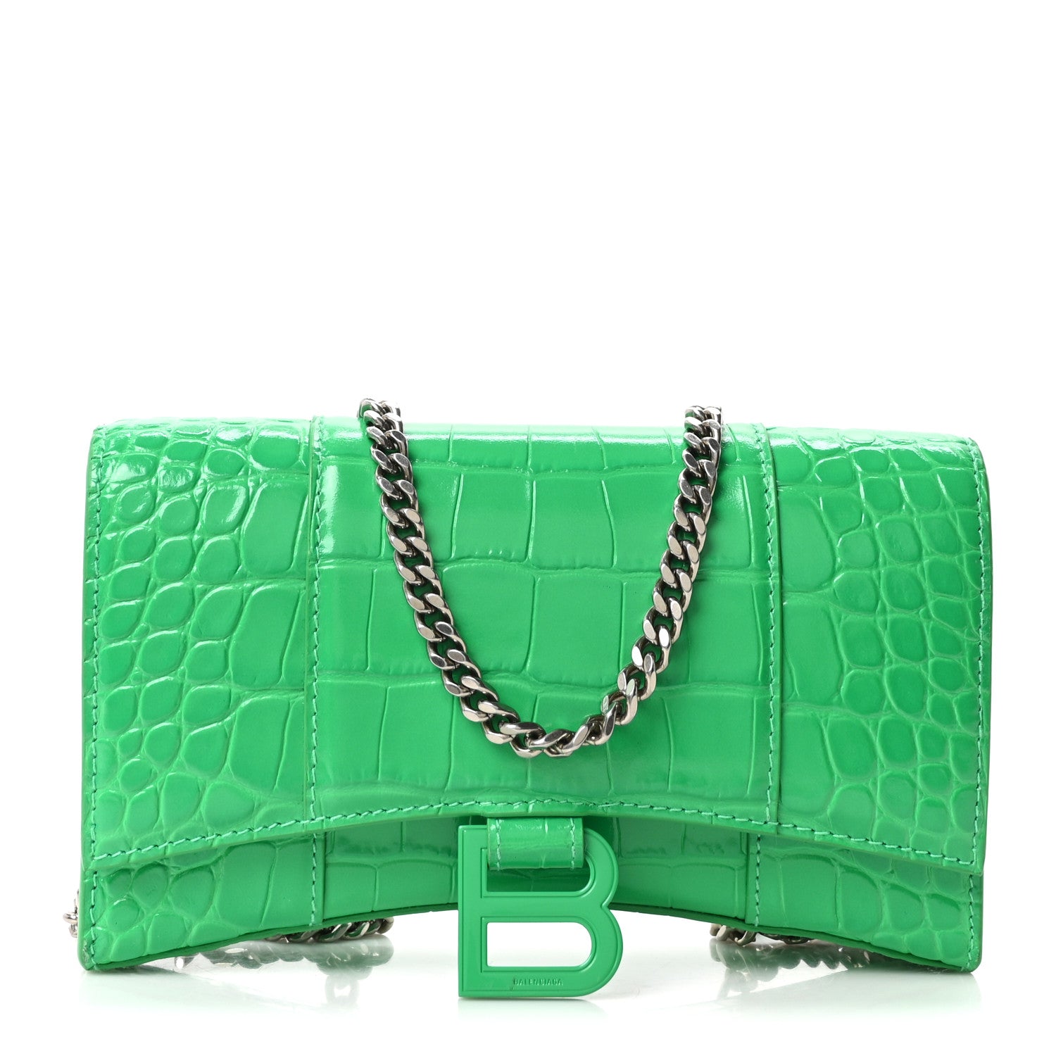 Balenciaga Shiny Calfskin Crocodile Embossed Hourglass Chain Bag Vivid Green 1 of 9