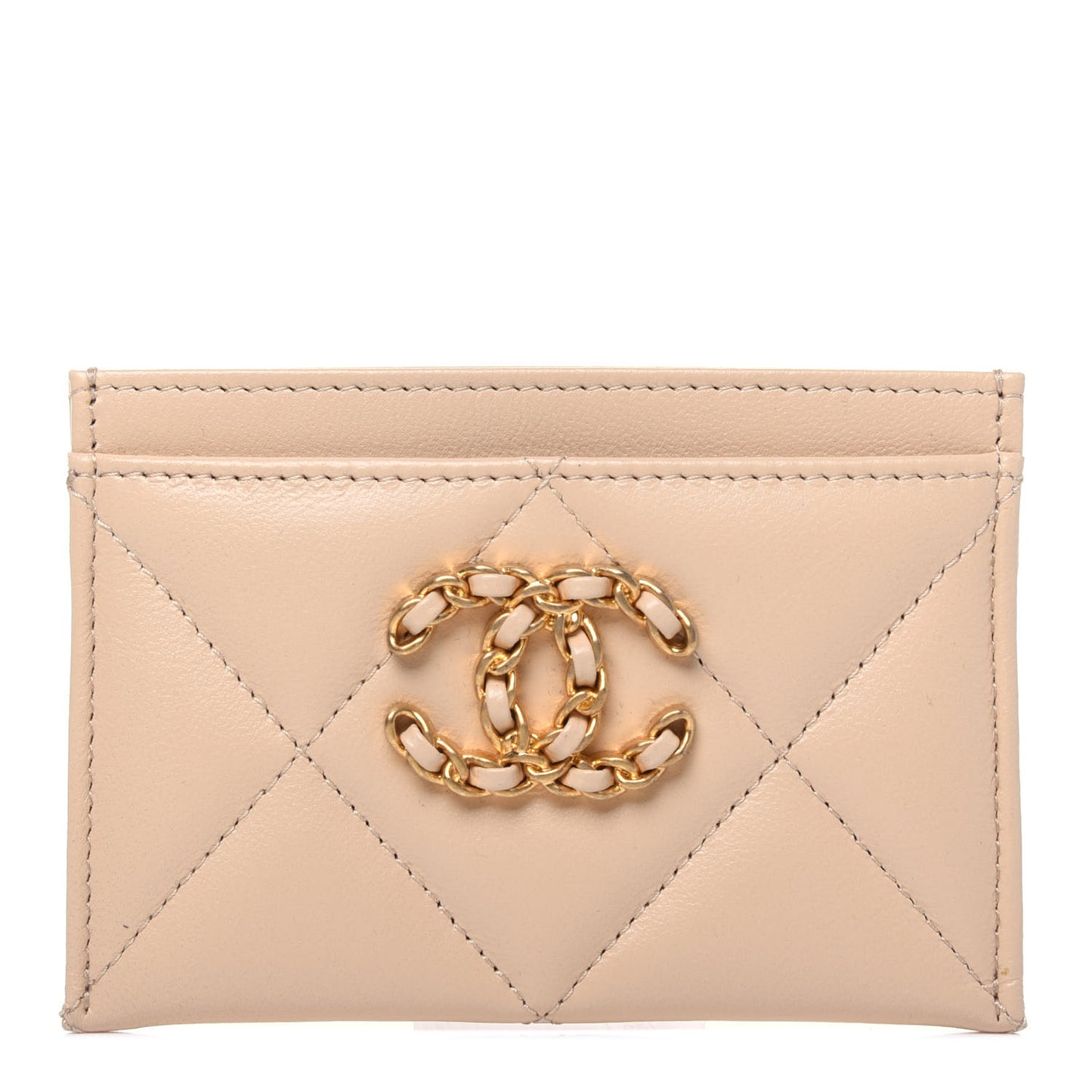 Shiny Goatskin Quilted Chanel 19 Card Holder Beige