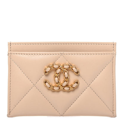 Chanel Shiny Goatskin Quilted Chanel 19 Card Holder Beige 1 of 12