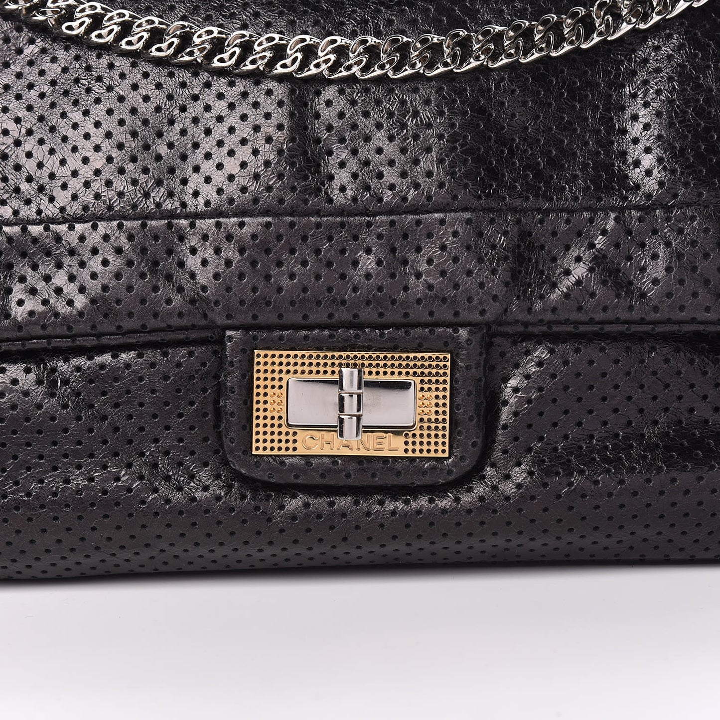 Metallic Crackled Calfskin Large Perforated Drill Flap Black