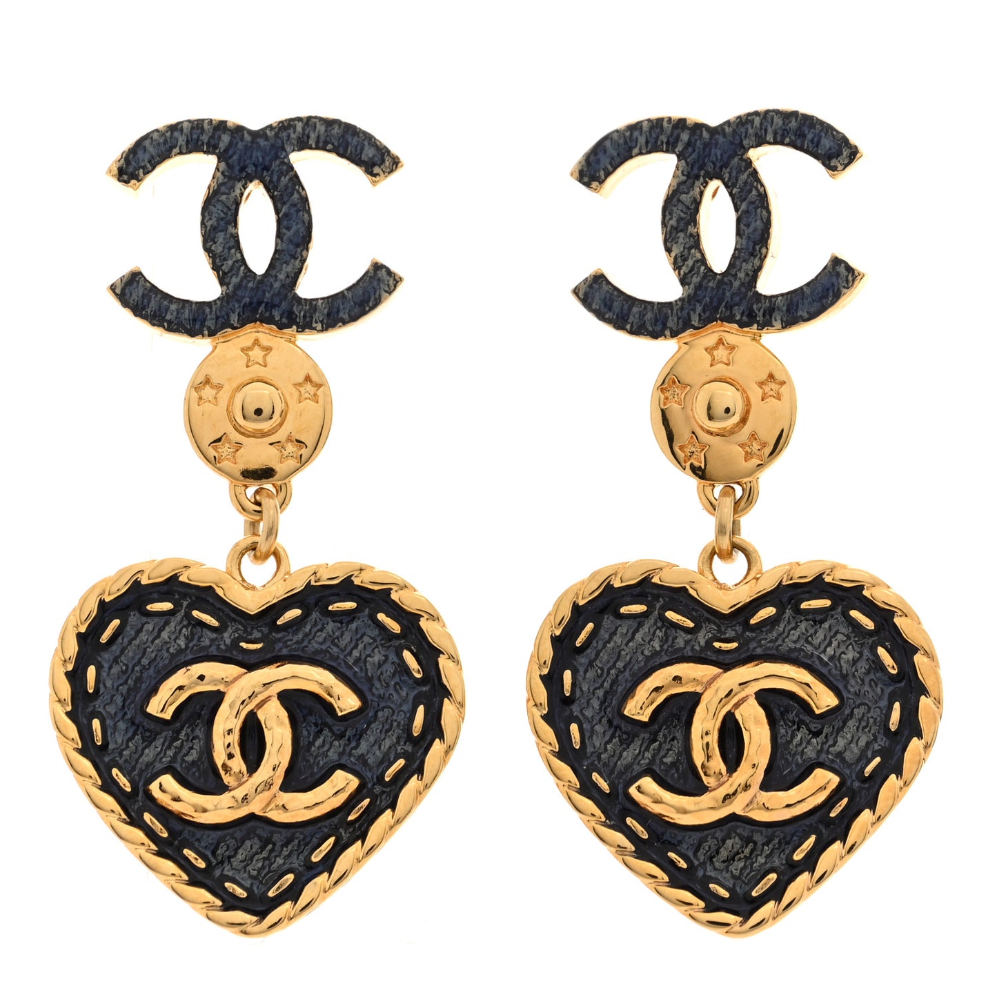 Metal Enamel CC Denim Heart Drop Earrings Gold Blue