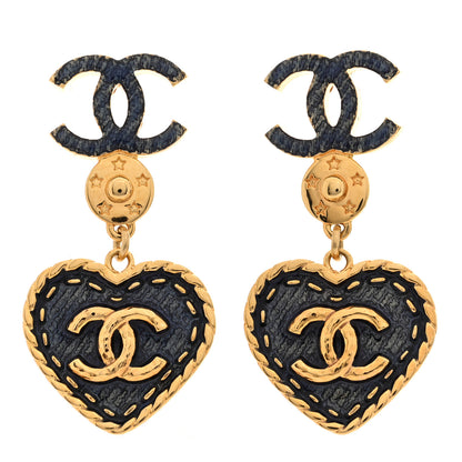 Chanel Metal Enamel CC Denim Heart Drop Earrings Gold Blue 1 of 5