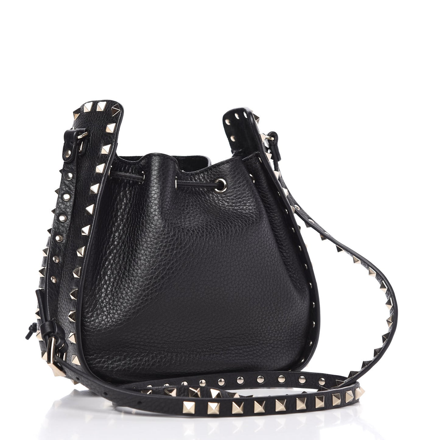 Grained Calfskin Rockstud Bucket Bag Black
