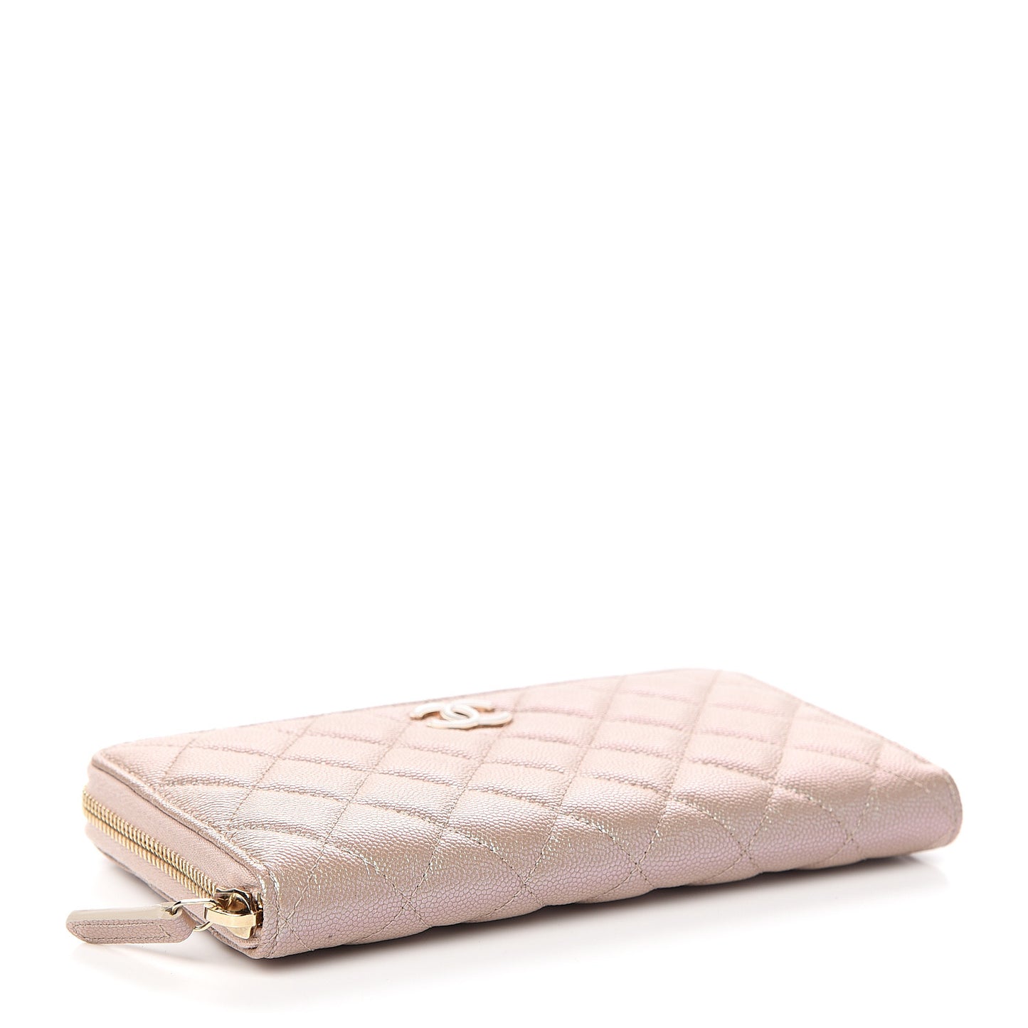 Iridescent Caviar Quilted Long Zip Around Wallet Beige