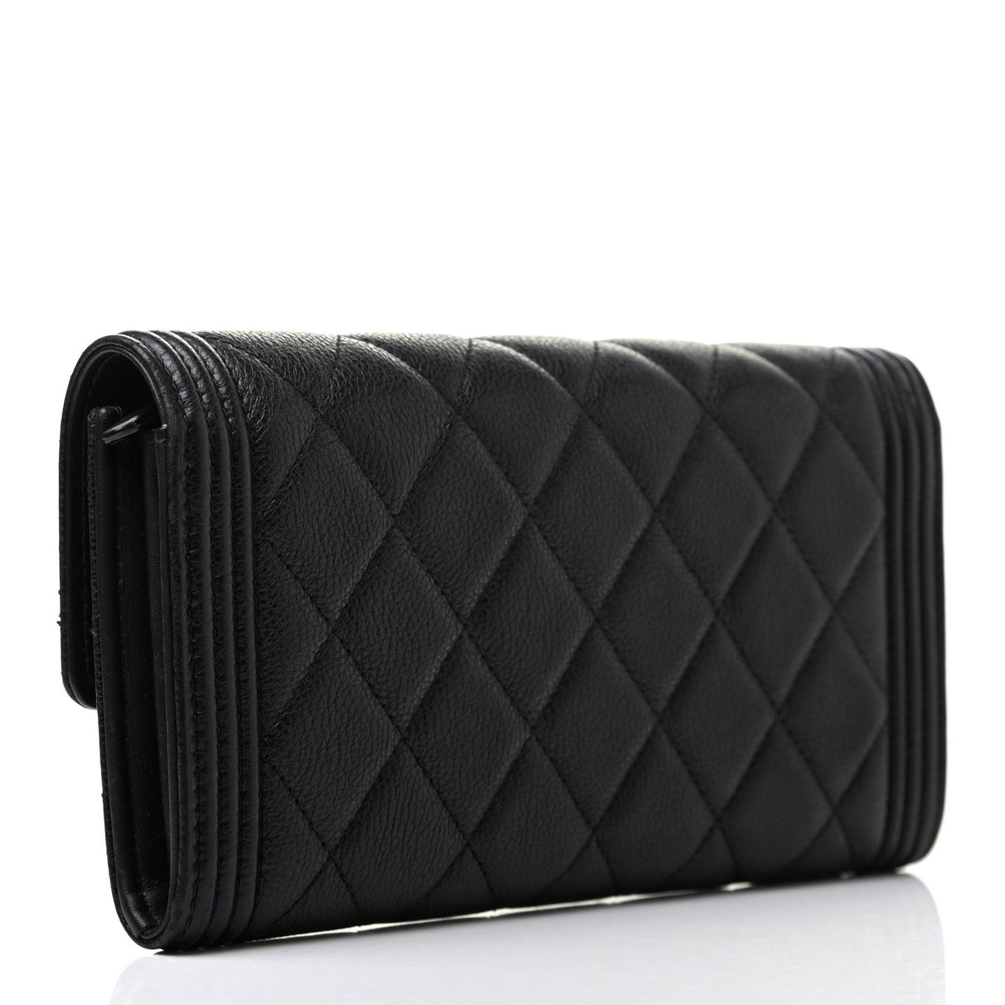 Calfskin Quilted Large Boy Gusset Flap Wallet Black