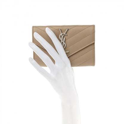 Saint Laurent Grain De Poudre Matelasse Chevron Small Monogram Envelope Wallet Dark Beige 2 of 8