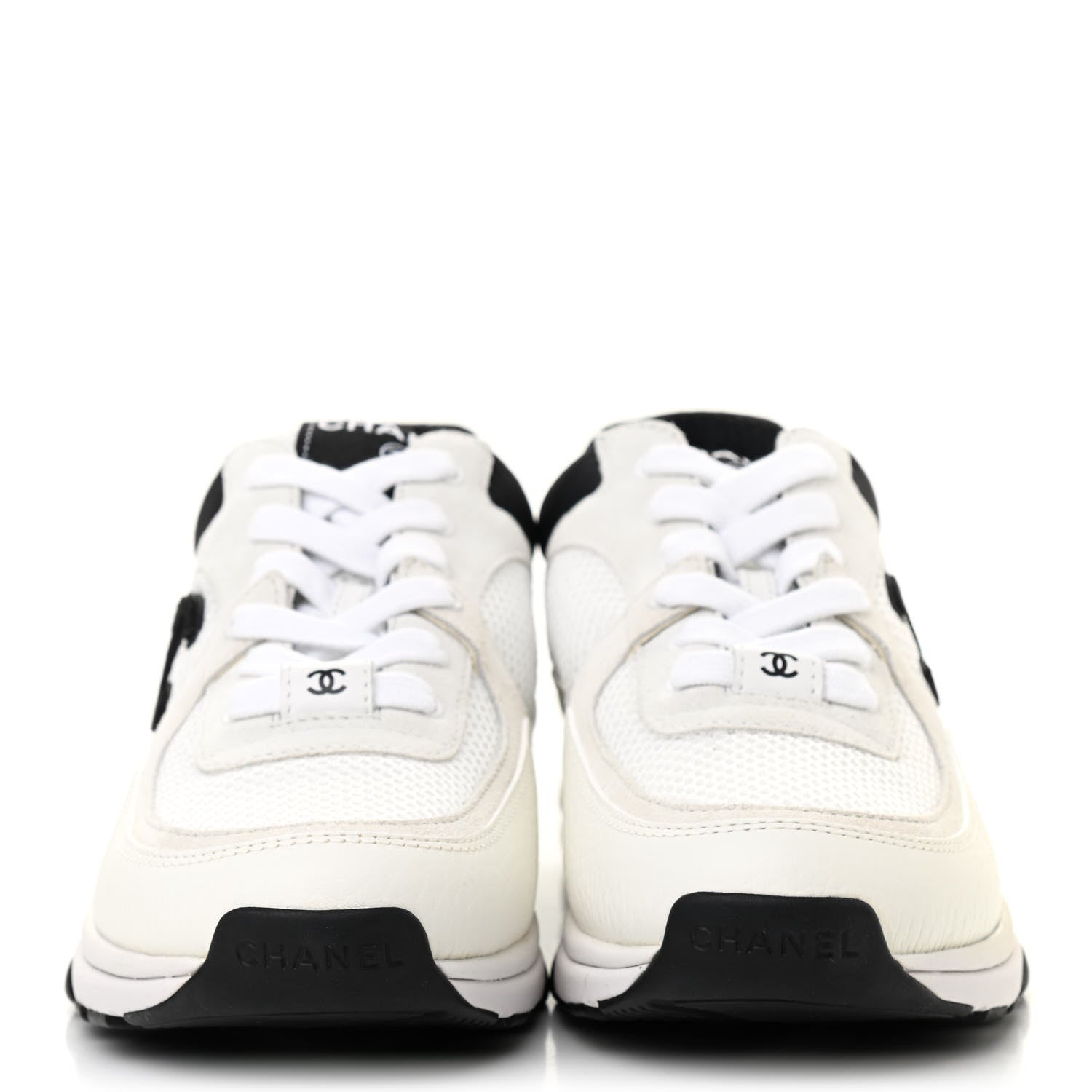 Chanel Mesh Suede Calfskin Grained Calfskin Womens CC Sneakers 37 White Black 2 of 7