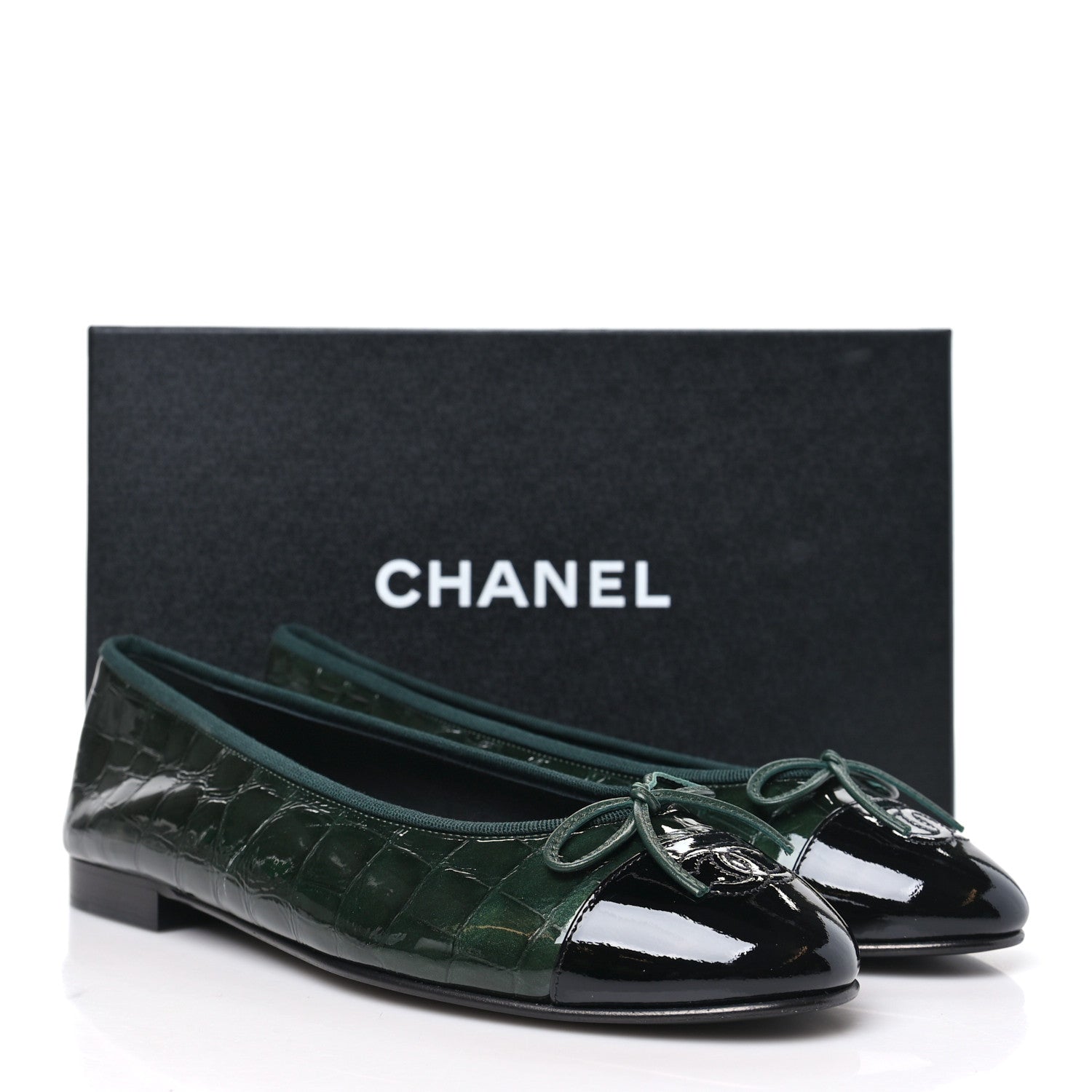 Chanel Patent Calfskin Crocodile Embossed Ballerina Flats 41 Dark Green Black 40 Dark Green Black 10 of 10