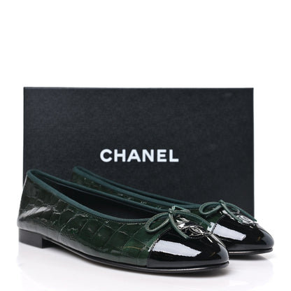 Chanel Patent Calfskin Crocodile Embossed Ballerina Flats 41 Dark Green Black 40 Dark Green Black 10 of 10