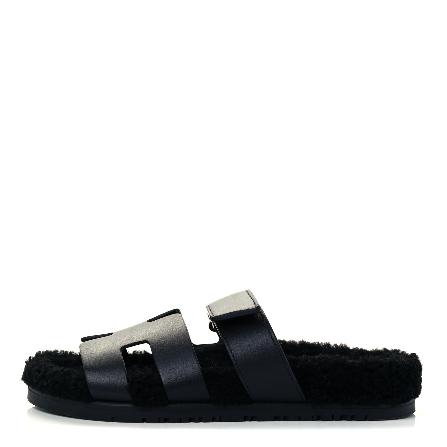 Hermes Calfskin Woolskin Womens Chypre Sandals 37 Black 1 of 12