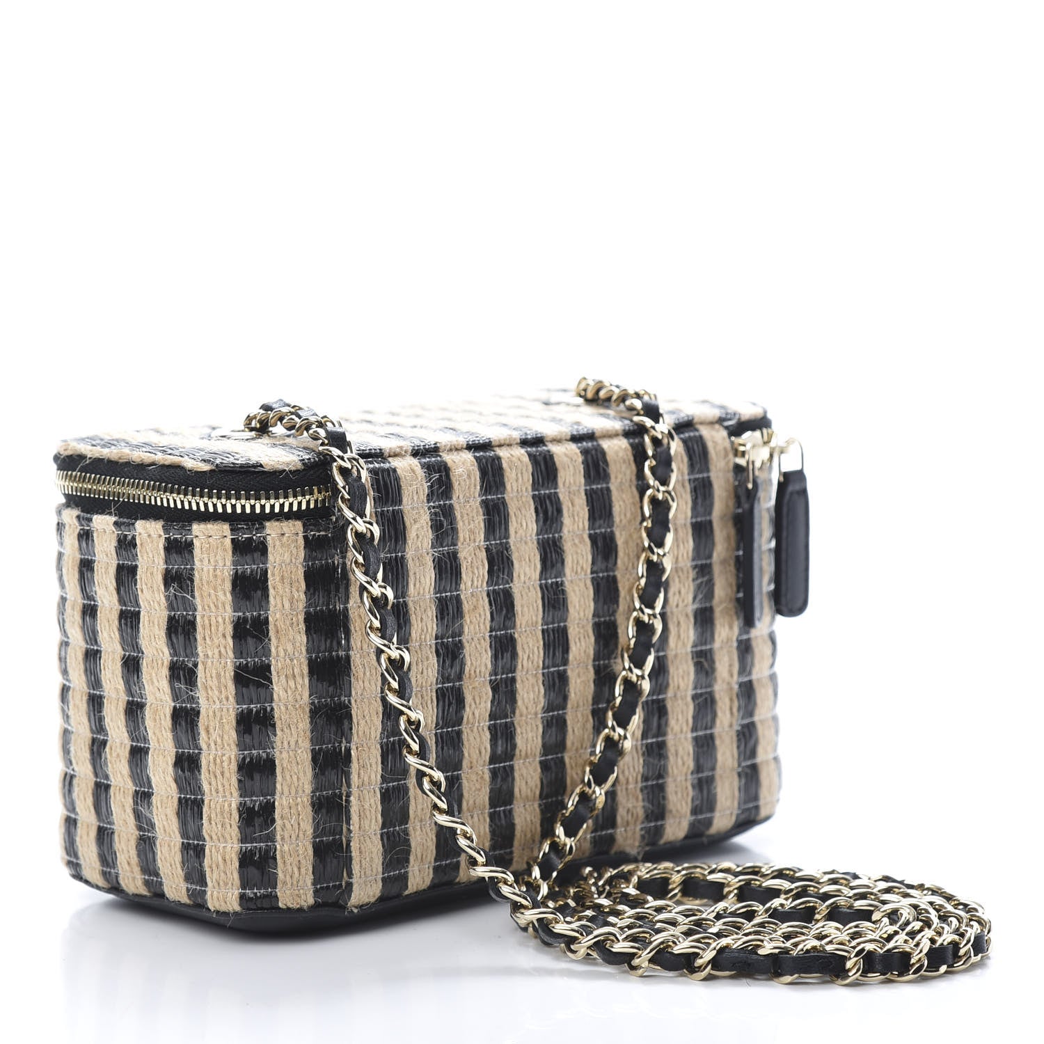 Chanel Raffia Jute Striped Small Vanity Case With Chain Black Beige 3 of 11
