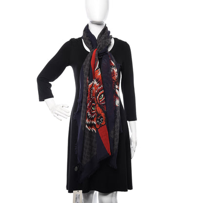 Gucci Wool Monogram Wolf Web Scarf Blue Red 2 of 5