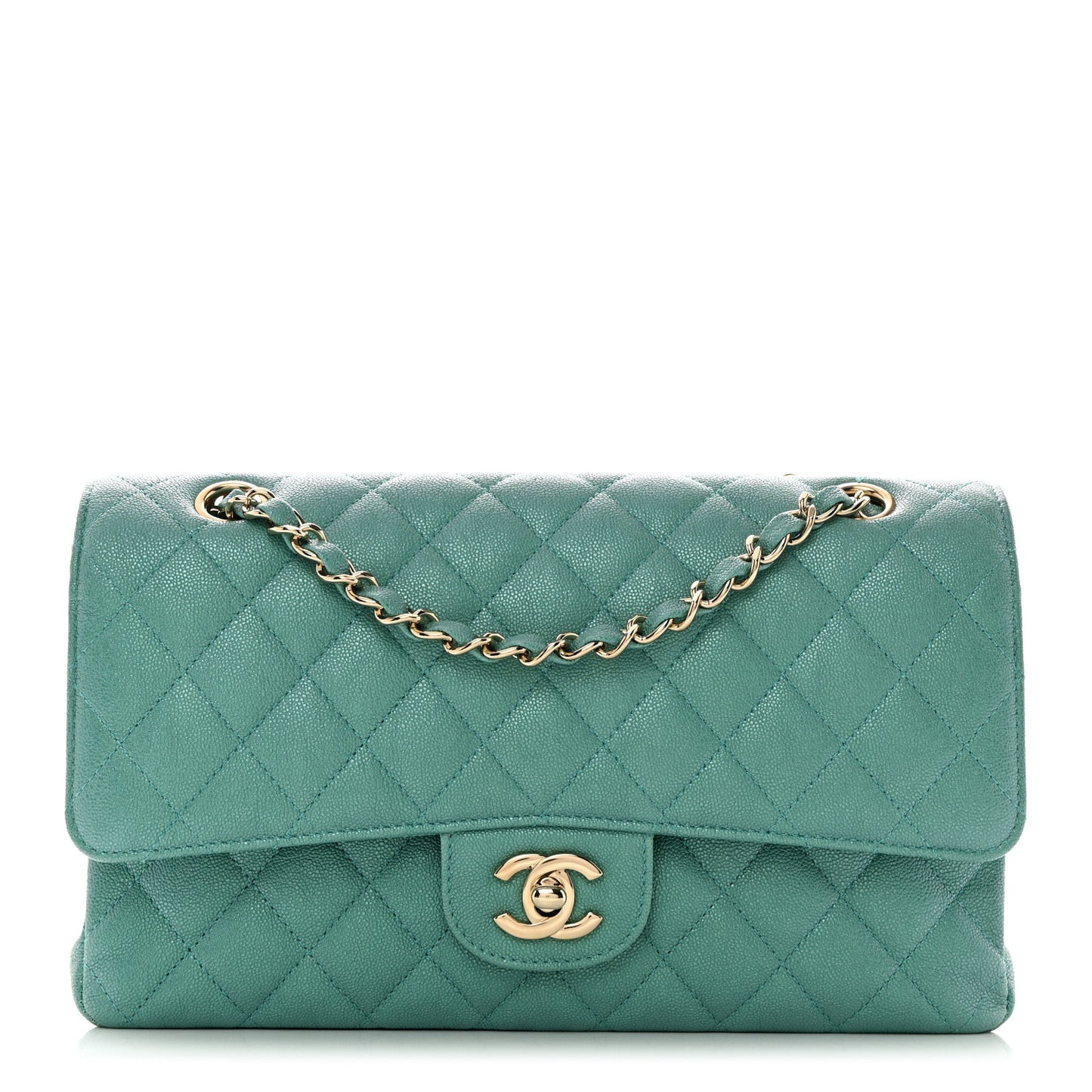 Iridescent Caviar Quilted Medium Double Flap Green