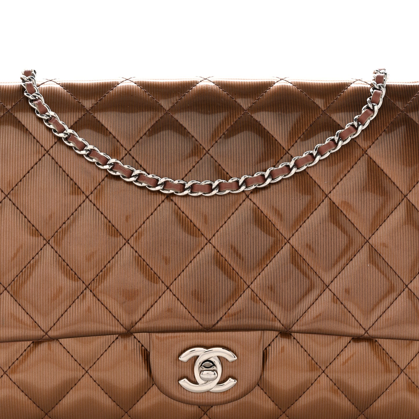 Striated Patent Quilted Clutch With Chain Flap Brown