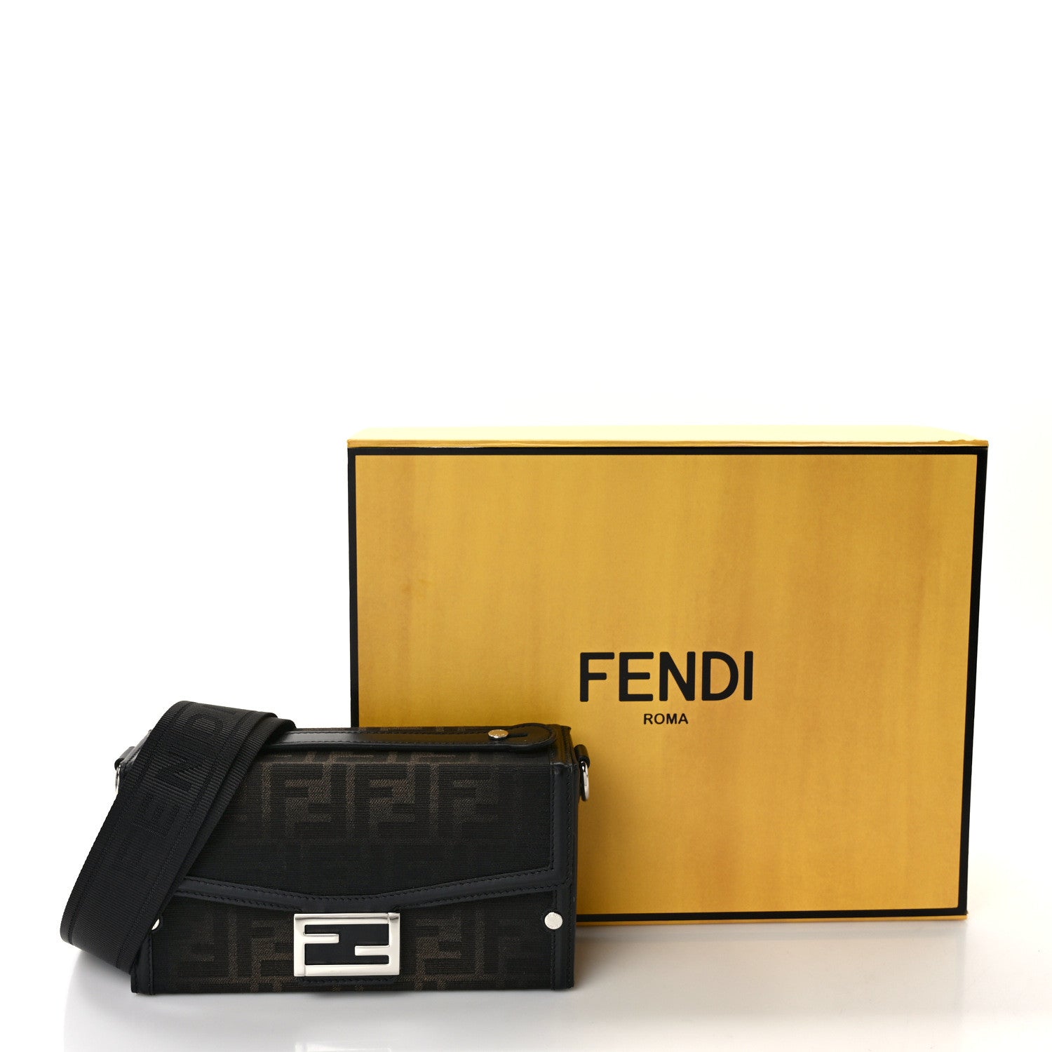Fendi FF Eclissi Jacquard Vitello King Baguette Soft Trunk Tobacco Moro Black 12 of 12