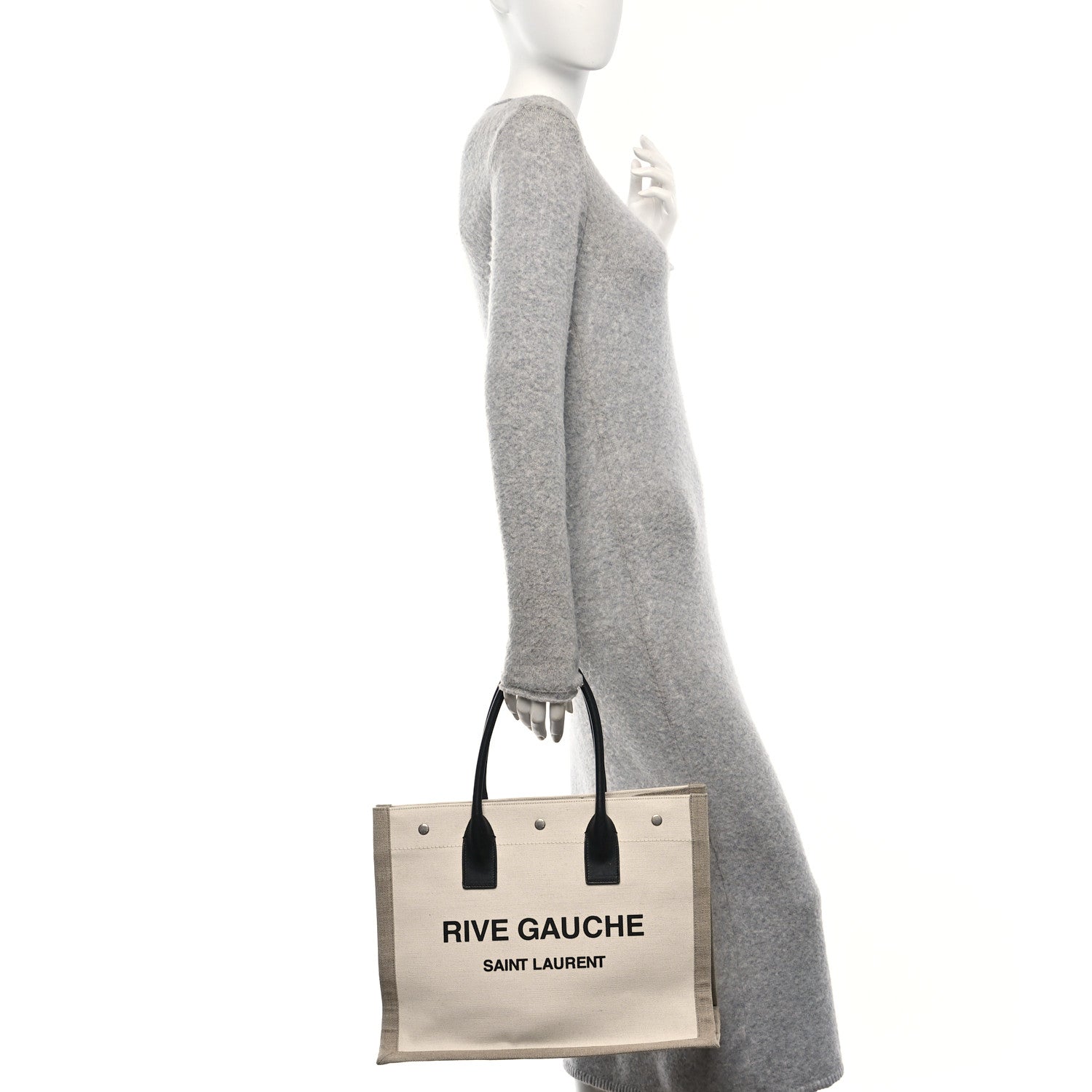 Saint Laurent Linen Calfskin Small Rive Gauche Tote Greggio Natural 2 of 12