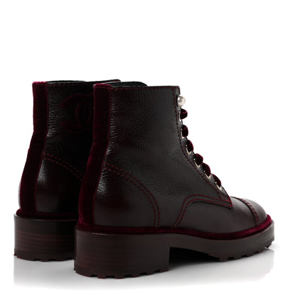 Chanel Calfskin Velvet Pearl Combat Short Boots 37.5 Burgundy 4 of 6