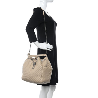 Chanel Deerskin Chevron Large CC Chain Bucket Drawstring Bag Beige 3 of 12