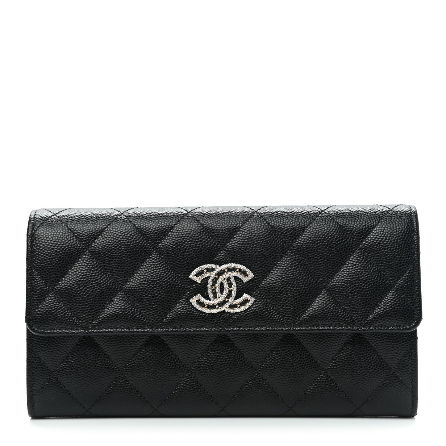 Caviar Quilted Crystal CC Large Gusset Flap Wallet Black