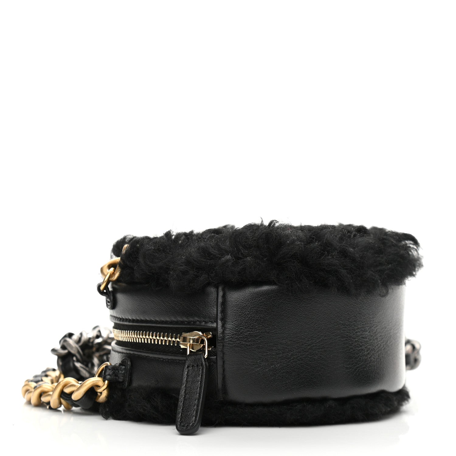 Chanel Shearling Sheepskin Chanel 19 Round Clutch With Chain Black 4 of 11
