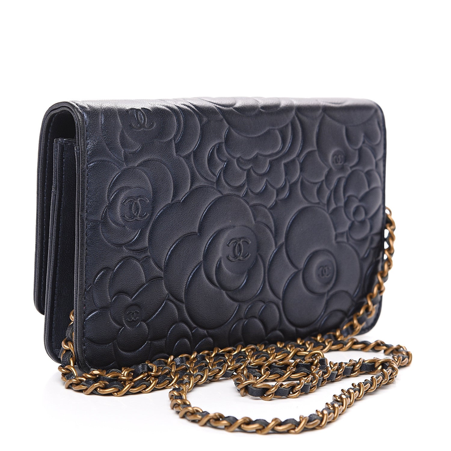Chanel Goatskin Camellia Embossed Wallet On Chain WOC Navy 2 of 11