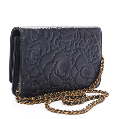 Chanel Goatskin Camellia Embossed Wallet On Chain WOC Navy 2 of 11