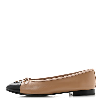 Chanel Lambskin Cap Toe CC Ballerina Flats 38.5 Beige Black 1 of 10