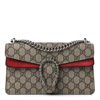 Gucci GG Supreme Monogram Suede Crystal Small Dionysus Shoulder Bag Beige Ebony Vulcanic Red 1 of 16