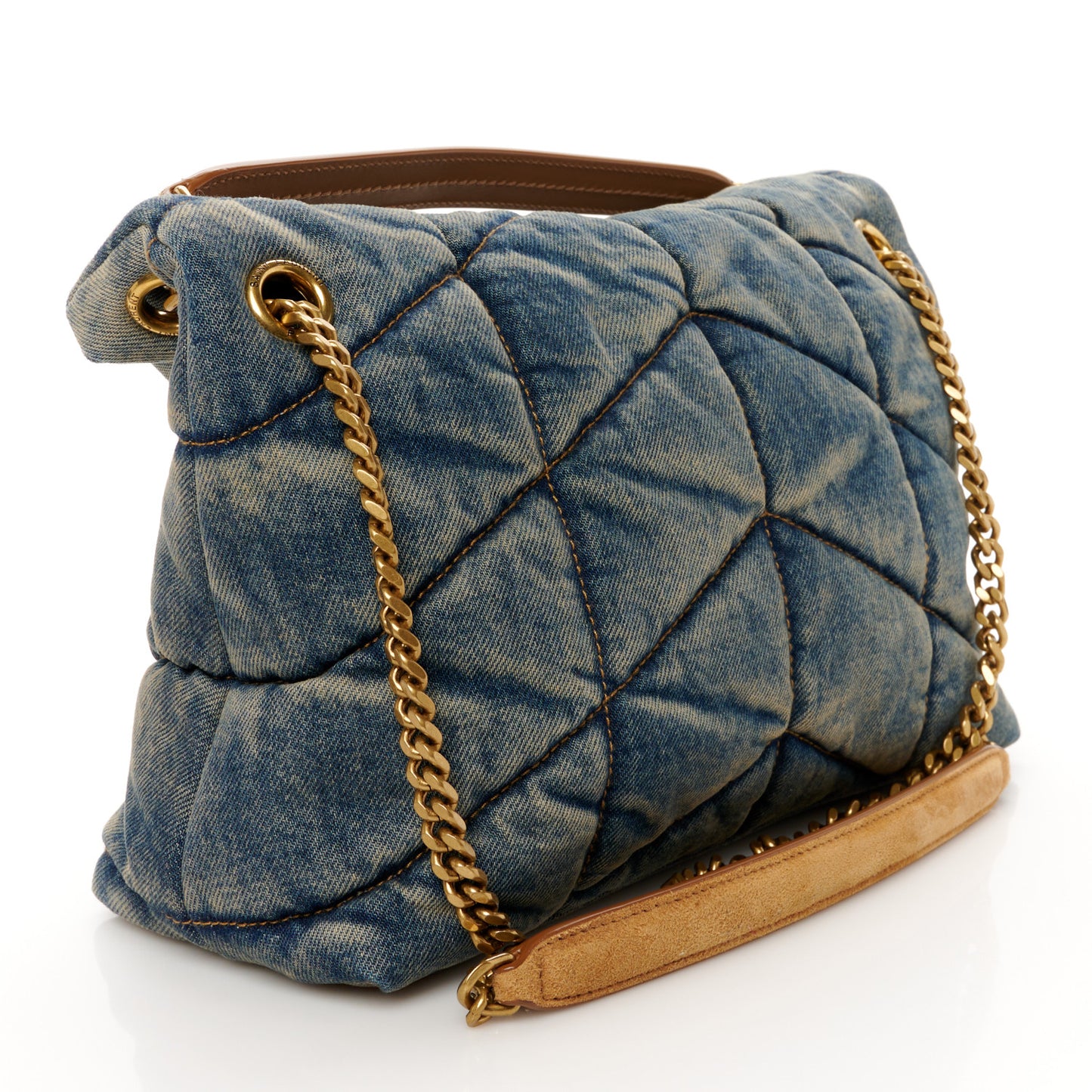 Denim Quilted Small Loulou Puffer Monogram Chain Satchel Blue Cinnamon