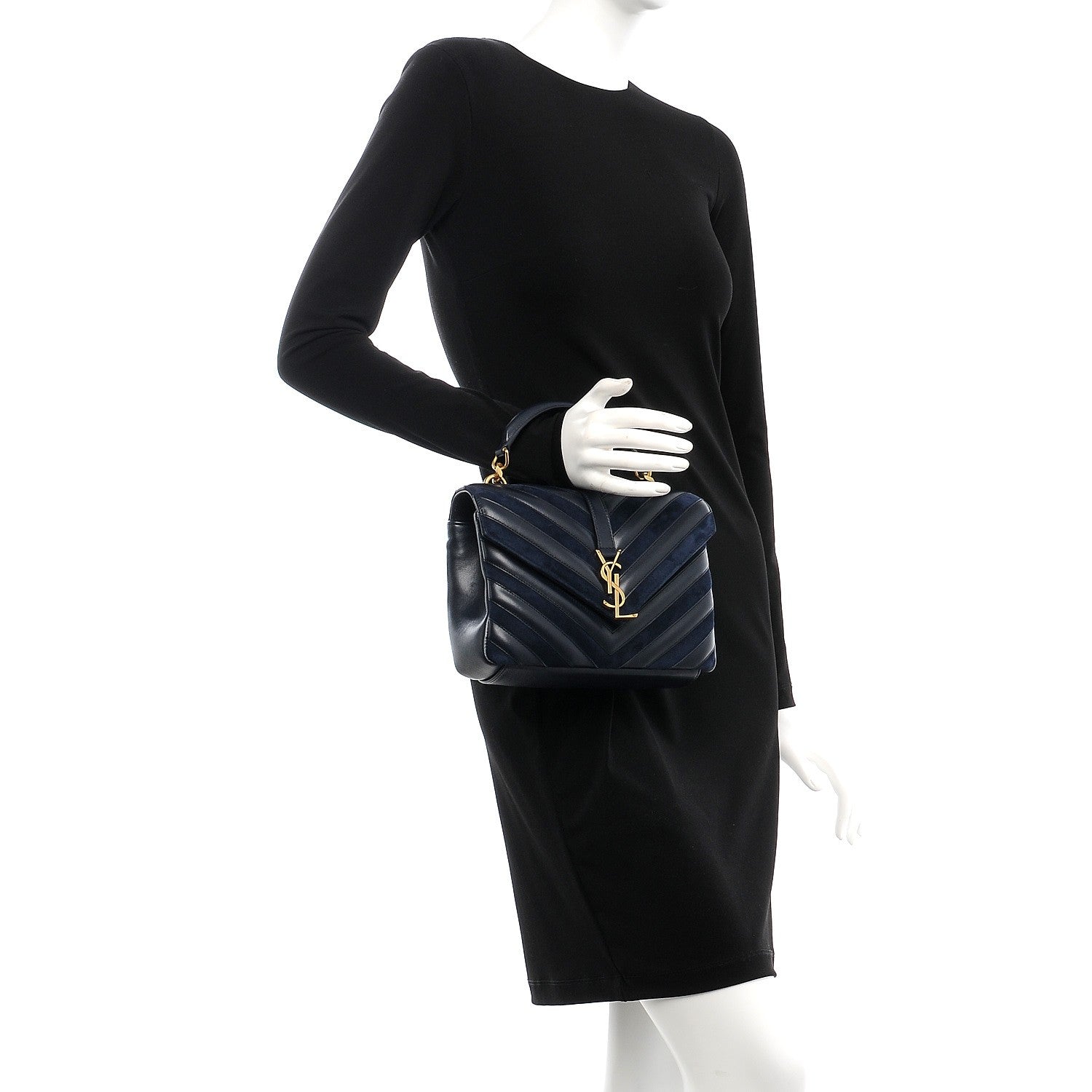 Saint Laurent Calfskin Suede Matelasse Chevron Monogram Medium College Bag Marine 3 of 9