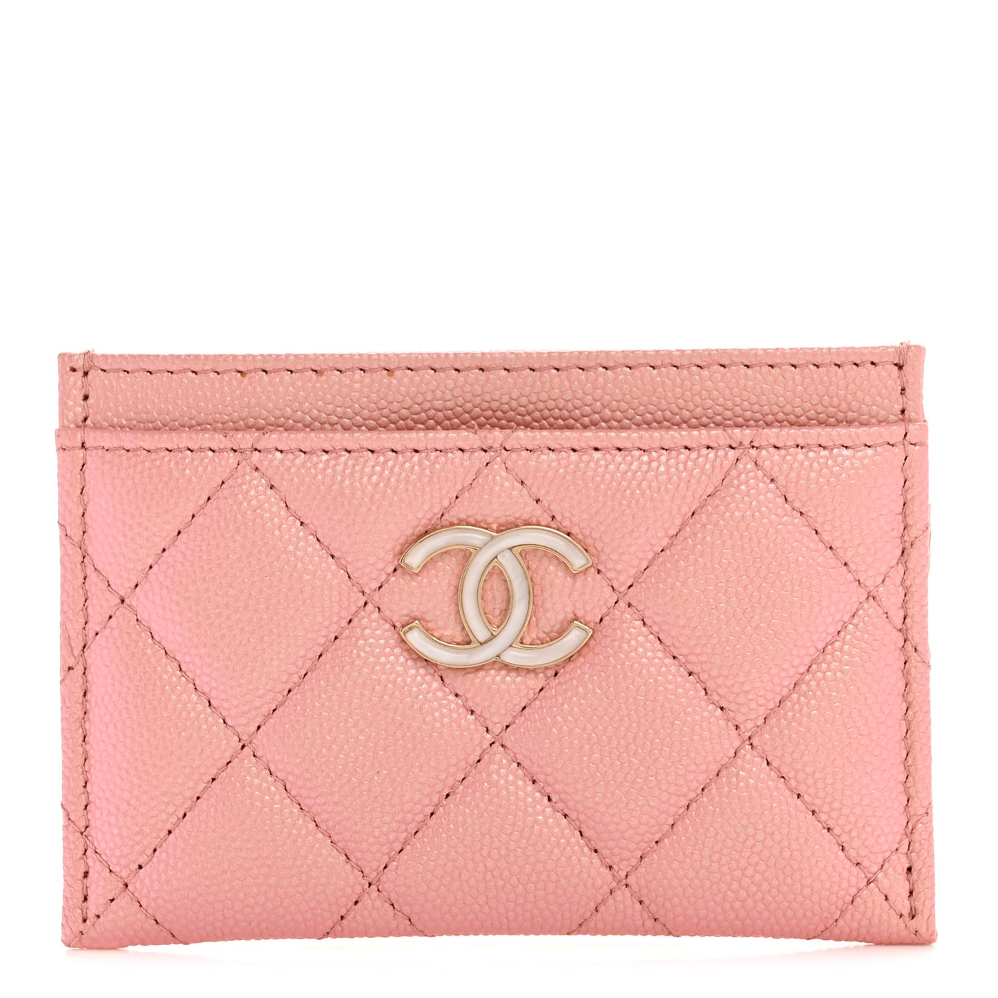 Iridescent Caviar Quilted Card Holder Rose Pink