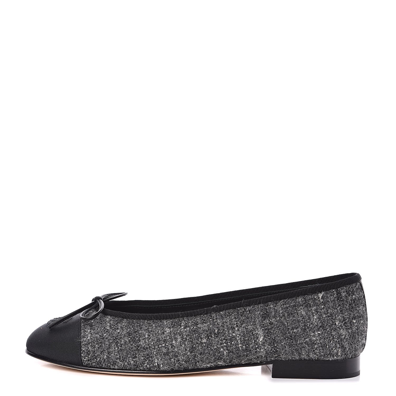 Chanel Tweed Grosgrain Cap Toe Ballerina Flats 37.5 Dark Grey Black 1 of 9