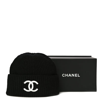 Chanel Wool Cashmere CC Beanie Hat Black White 10 of 10