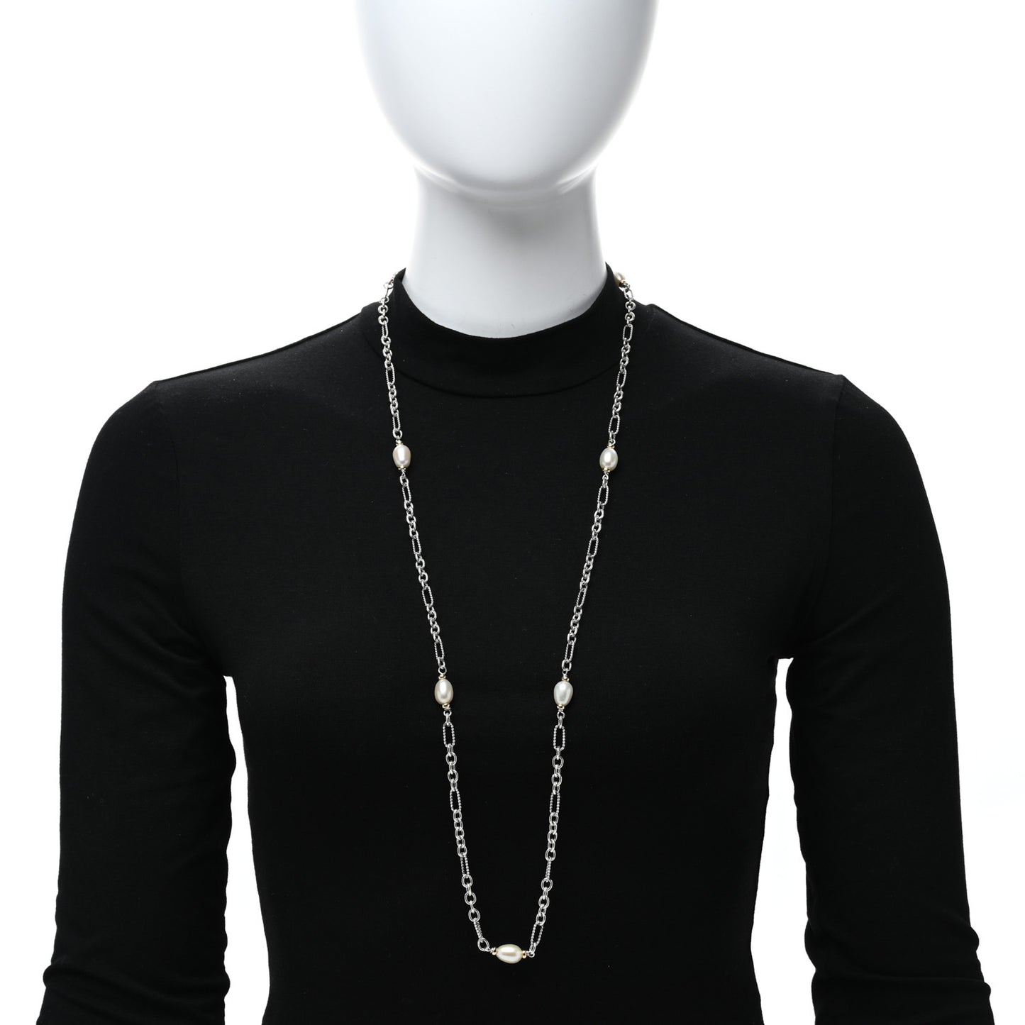 Sterling Silver 18K Yellow Gold Baroque Pearl Long Figaro Chain Necklace