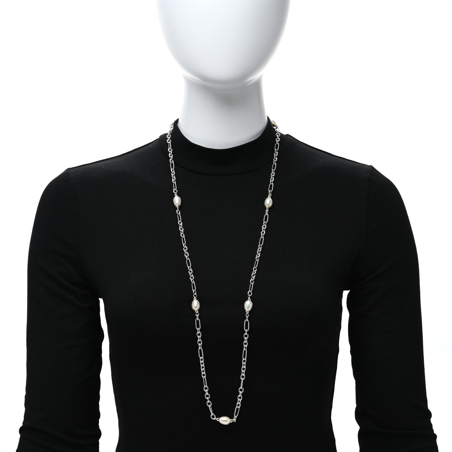David Yurman Sterling Silver 18K Yellow Gold Baroque Pearl Long Figaro Chain Necklace 3 of 4