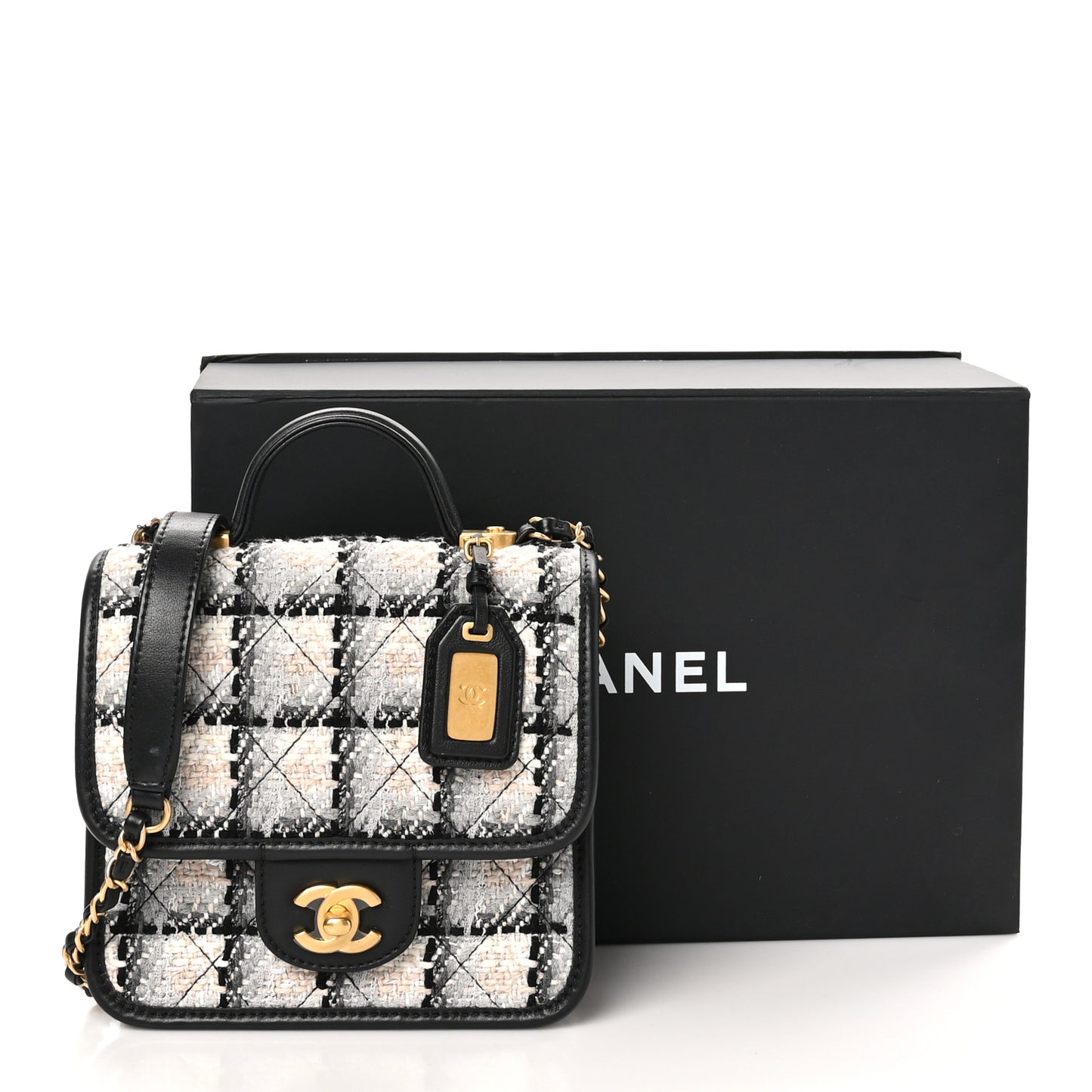 Tweed Calfskin School Memory Mini Top Handle Flap Ecru Grey Beige Black