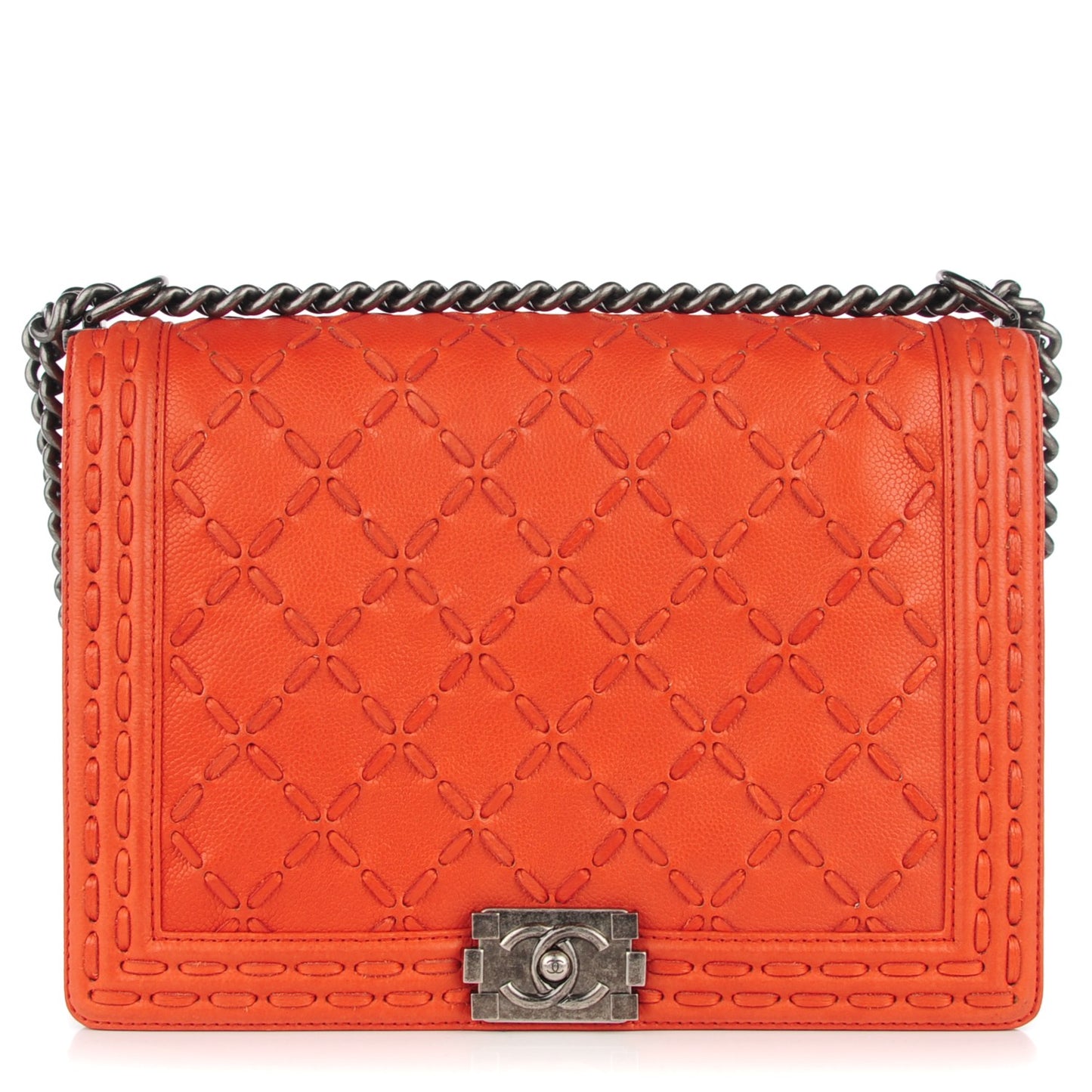 Caviar Calfskin Stitched Large Boy Flap Dark Orange