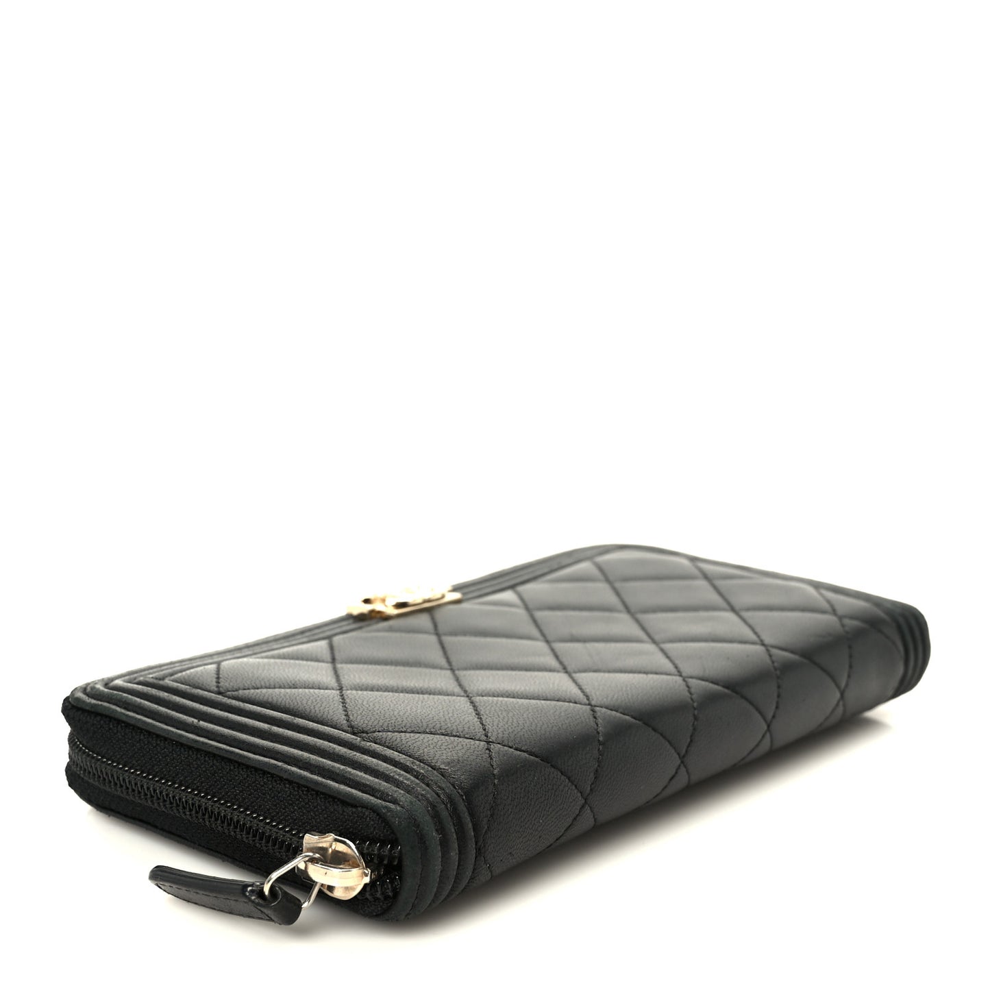 Lambskin Quilted Boy Long Zip Around Wallet Black