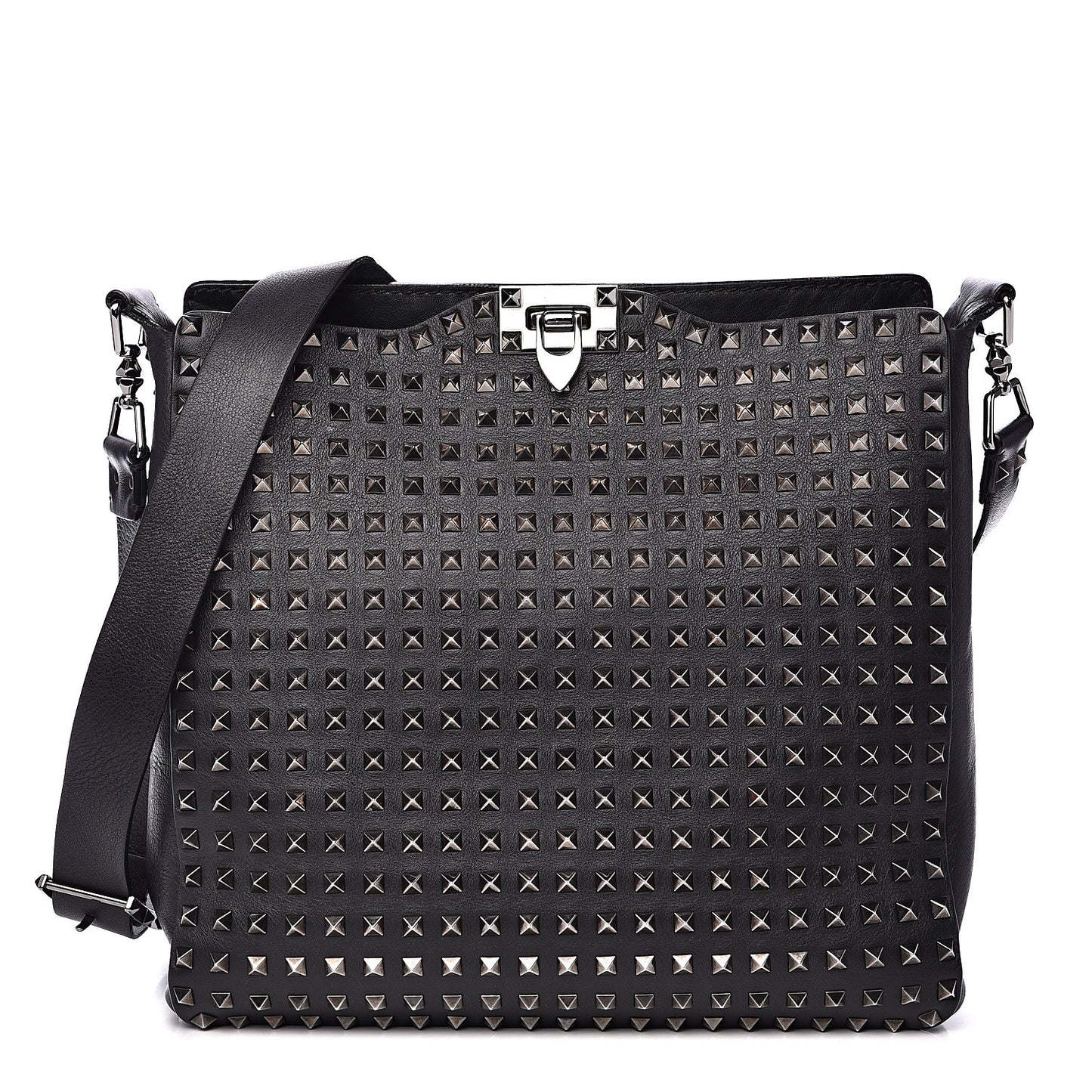 Calfskin Large Rockstud All Over Flip-Lock Messenger Bag Black