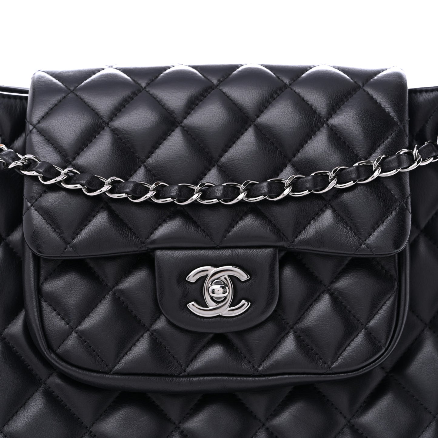 Lambskin Quilted Front Flap Tote Black